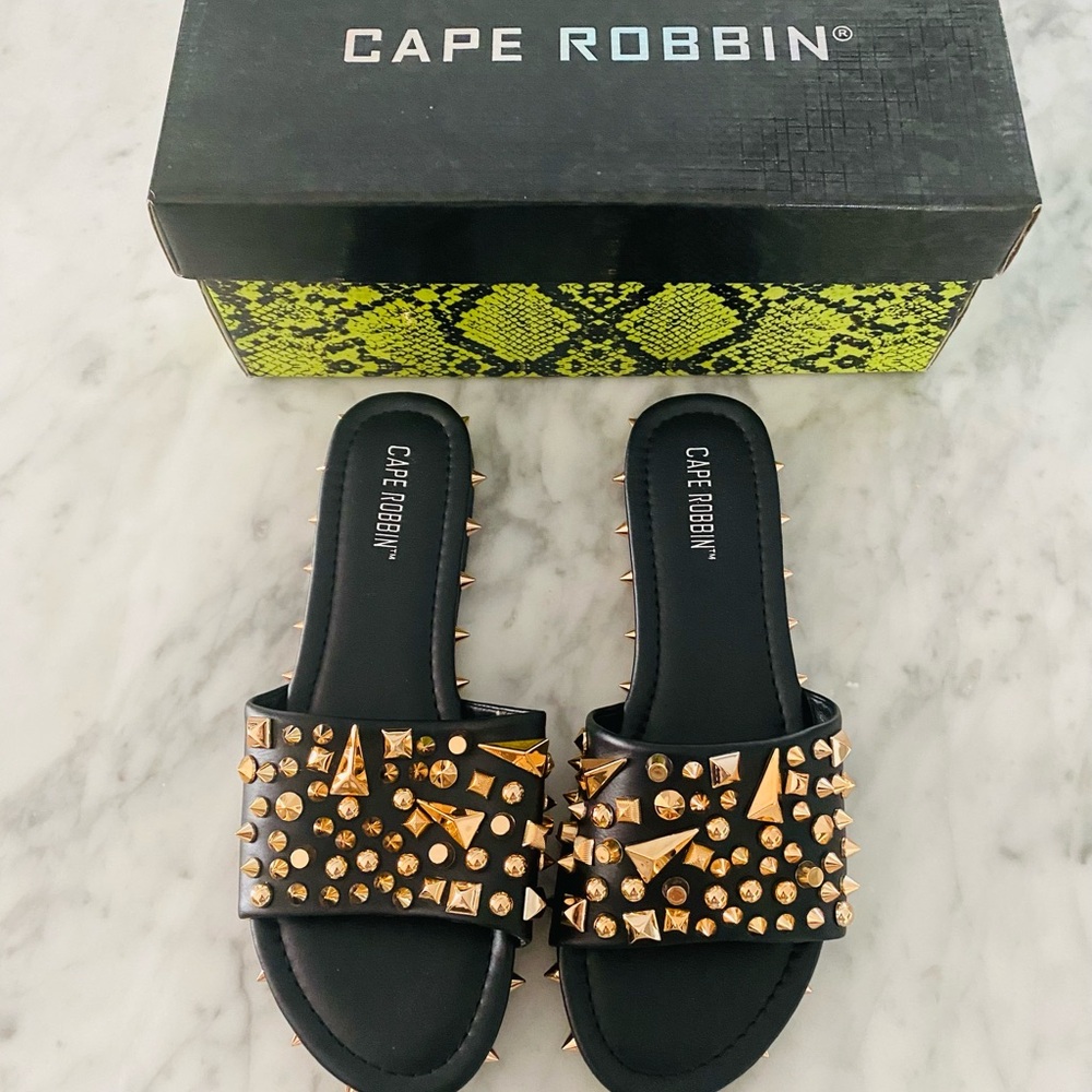 Cape Robbin Black and Gold Studded Sandals